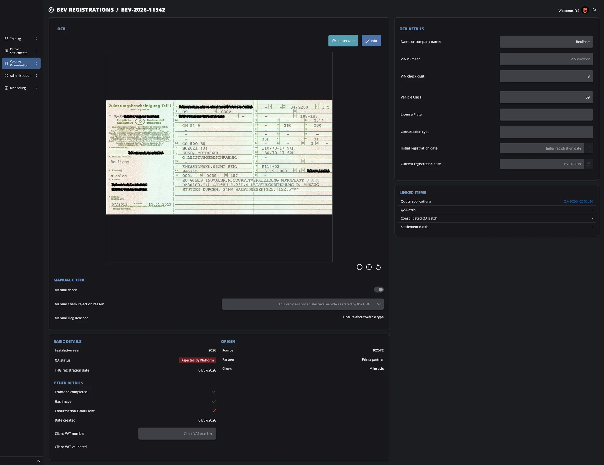 EV Emissions Certificate Platform — BEV registration OCR review