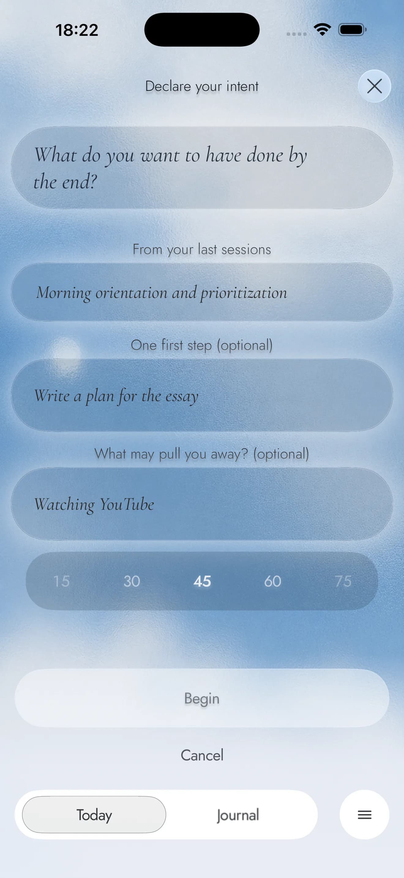 Hesya declare-intent sheet with suggestions and a session length