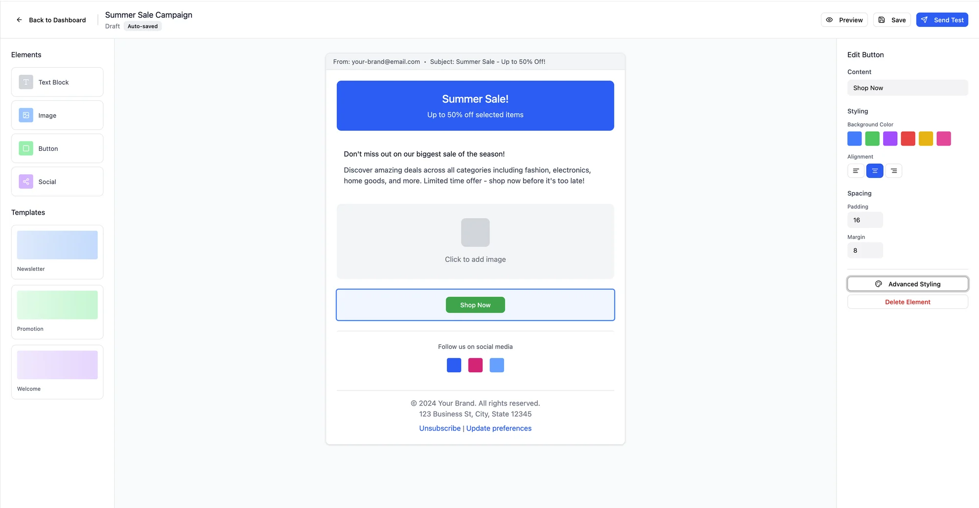 Email & Social Campaign Builder editor interface