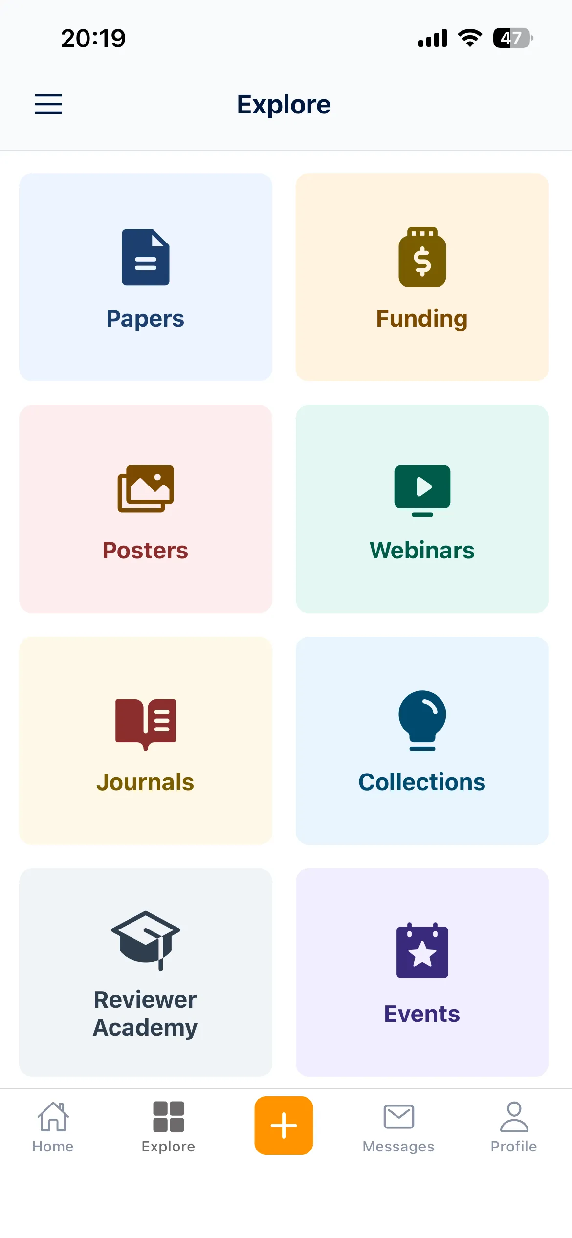 Science community Explore hub with Papers Funding Posters Webinars
