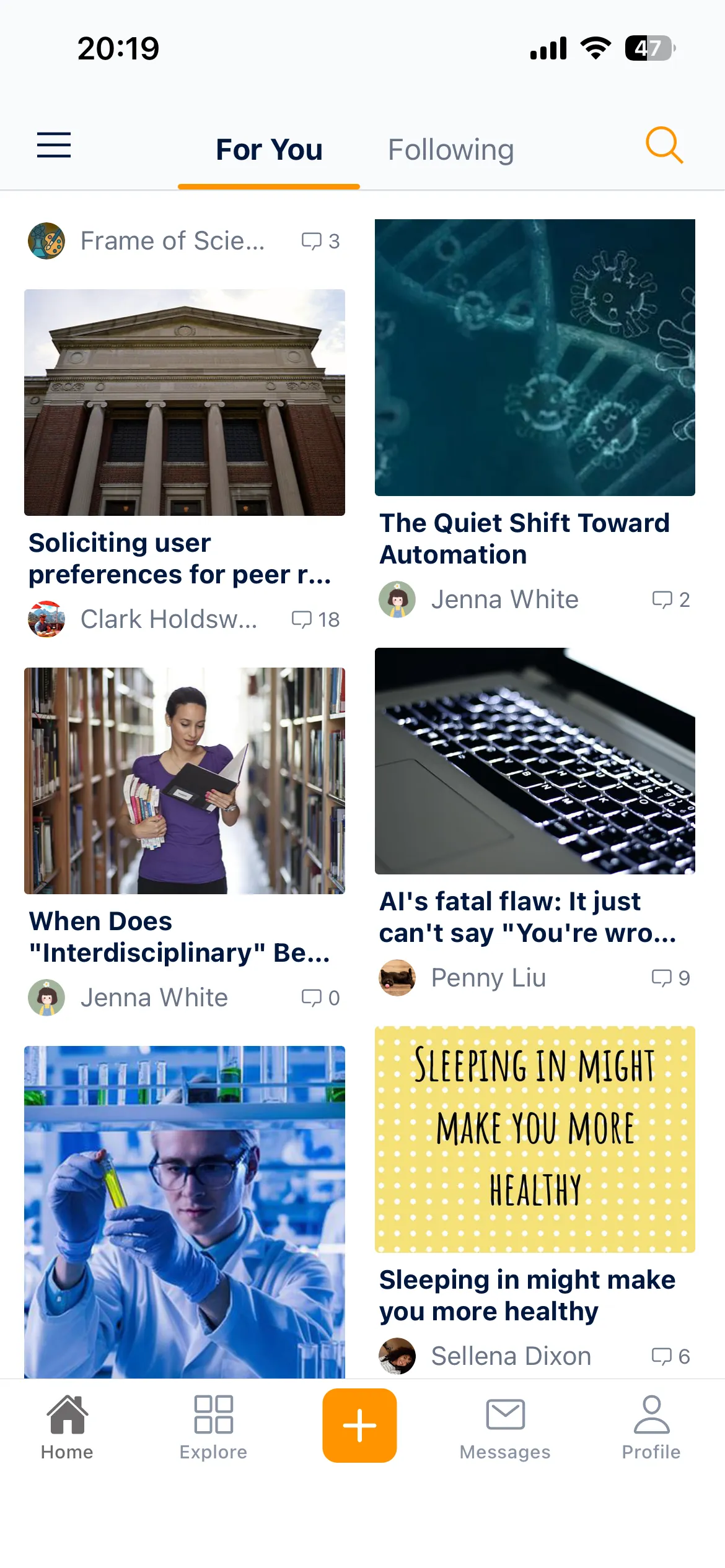 Science community app home feed with For You posts