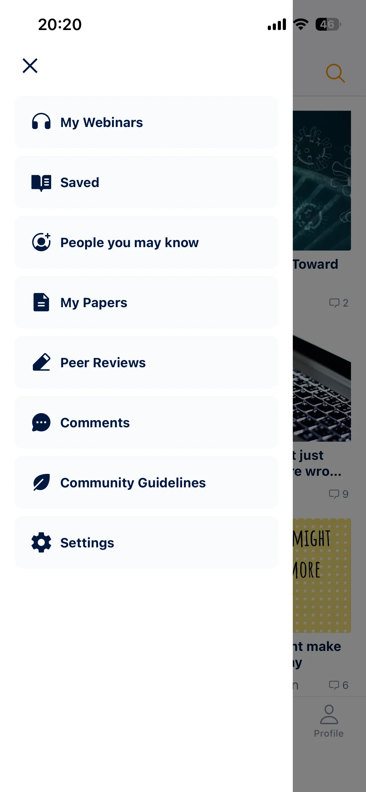 Science community side menu with Webinars Peer Reviews and Papers