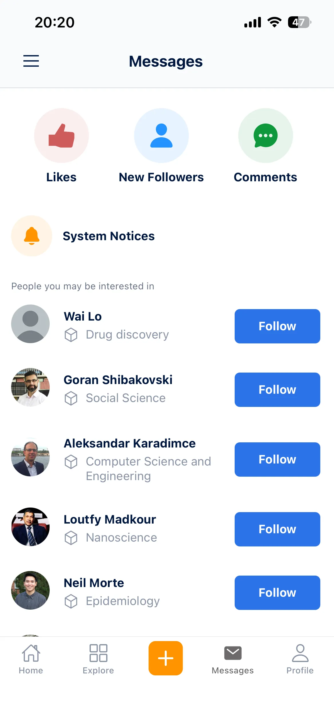 Science community Messages hub with activity and follow suggestions
